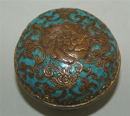 A Chinese gilt bronze and champleve enamel box and cover, 18th century, diam. 6.5cm, wear and minor losses